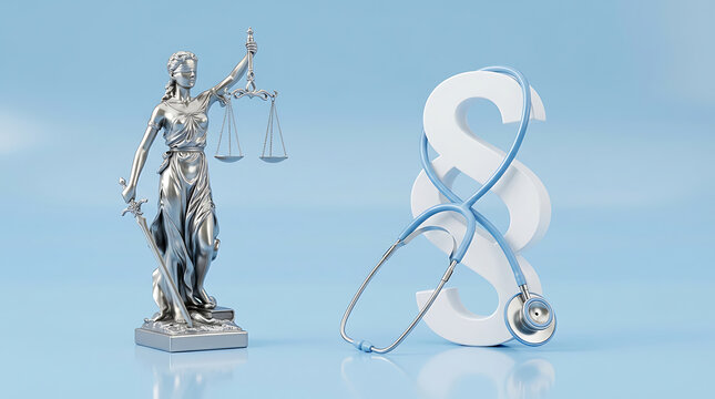 Lady Justice Statue Symbolizing Legal Principles Paired with Medical Care and Section Sign