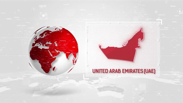 United Arab Emirates(UAE) 4K Tech Map Beside Globe On White Background.