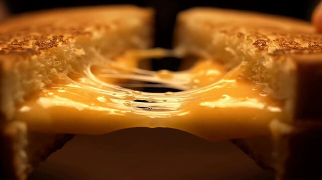 Close-Up Macro Shot Of Delicious Gooey Melted Cheese Stretching From A Perfectly Grilled Cheese Sandwich
