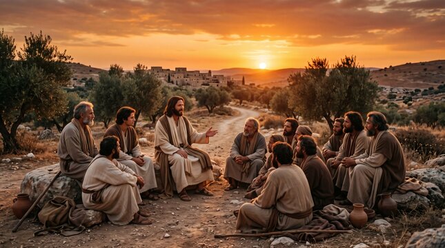 Jesus Christ teaching his disciples in a village setting at sunset with warm golden hour light