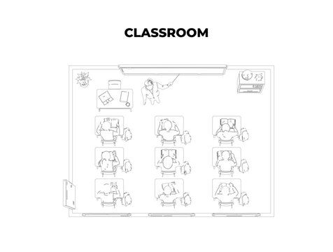 CAD classroom floor plan line drawing, top view school desks teacher board students and learning room layout for architecture interior design vector illustration