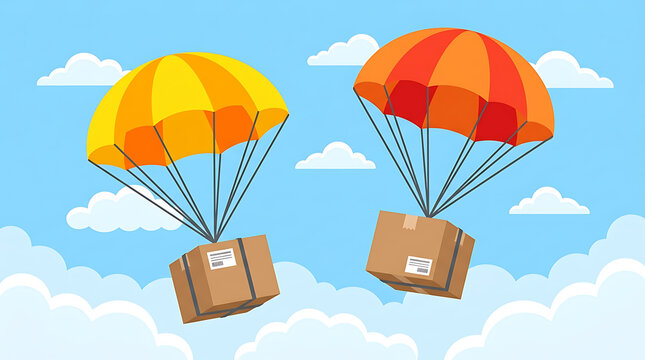 Fast Air Delivery Service Concept with Cardboard Box Packages Flying on Parachutes