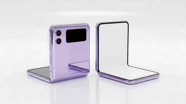 Elegant purple foldable smartphone mockups with white blank screens for creative app design project