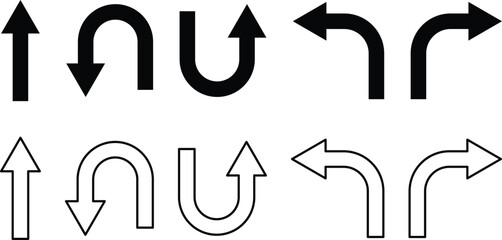 Directional arrow icon set. Go straight, turn left and right, u turn sign. right black arrow symbol. Directional arrow road safety © Sultana Design