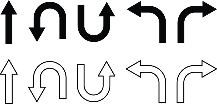 Directional arrow icon set. Go straight, turn left and right, u turn sign. right black arrow symbol. Directional arrow road safety