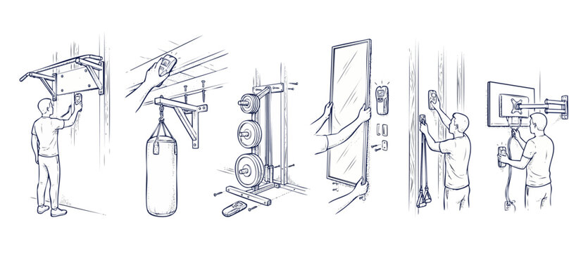 Stud finder wall mounting installation diy home gym equipment setup instruction line drawing of man installing pull up bar, punching bag, heavy mirror, weight rack and tv mount safely into wall studs.