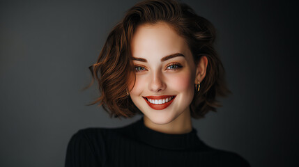 Fototapeta premium A joyful woman smiles radiantly, showcasing her confidence and beauty in a professional portrait.