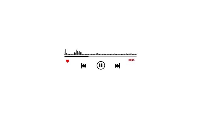 Minimalist music player interface with waveform equalizer and heart icon for love songs and audio, control buttons and favorite icon for music.