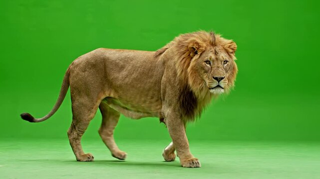 Majestic male lion walks confidently across a vibrant green screen backdrop