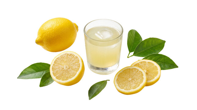 Fresh Lemon Collection with Lemon Juice, Whole Lemon, Slices and Leaves on White Background