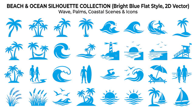 Beach and Ocean Silhouette Collection: Tropical Palms, Waves, Coastal Scenes & Icons