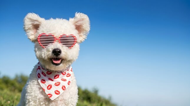 Adorable white dog with heart shaped sunglasses and bandana