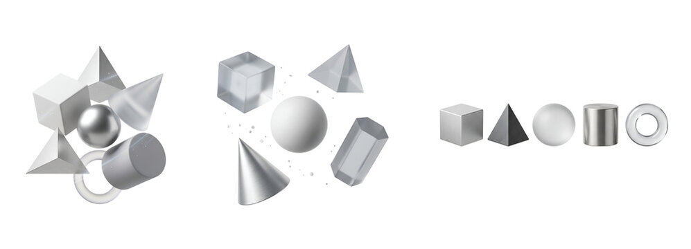 A collection of 3D geometric shapes on a transparent background