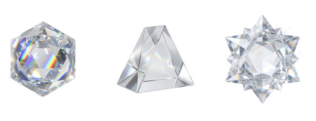 Fototapeta premium Three clear diamonds with different cuts on transparent background