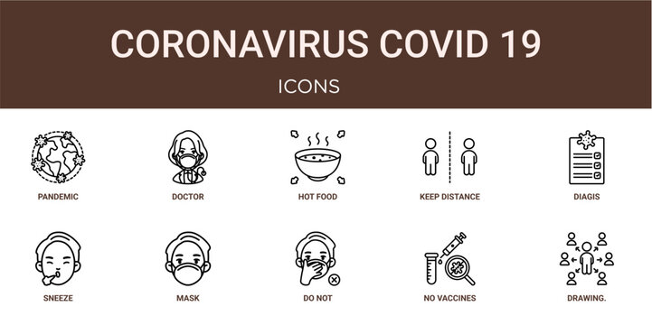 Set of 10 outline web Coronavirus Covid 19 icons such as drawing. Illustration from coronavirus covid collection.., no vaccines, do not touch, mask, sneeze, diagis, keep distance vector icons for
