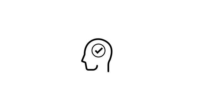 Decision check mark animation thinking confirmation approval. Head icon tick mark correct choice verified result. Check sign accept decision success animation. Brain using, check or approved.