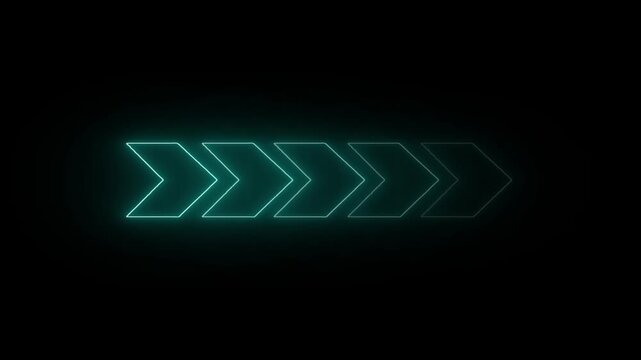 Animated neon arrow sequence with continuous directional motion. Repeating chevron arrows loading, transfer, and movement flow. Digital arrow animation supports navigation and progress