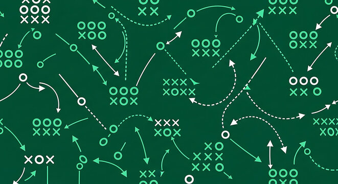 Sports strategy playbook diagram pattern on green surface with strategy playbook coaching background football planning competition athletic schematic movement training chalkboard