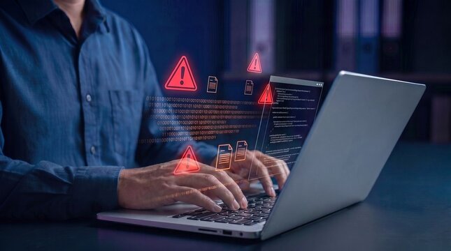 cybersecurity malware detection system with red alert warnings, digital threat analysis on laptop, and real-time network protection against data breach and cyberattacks.