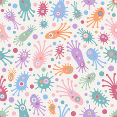Naklejka premium Colorful Seamless Abstract Microorganism Pattern with Cute Microbe Shapes on Bright Background