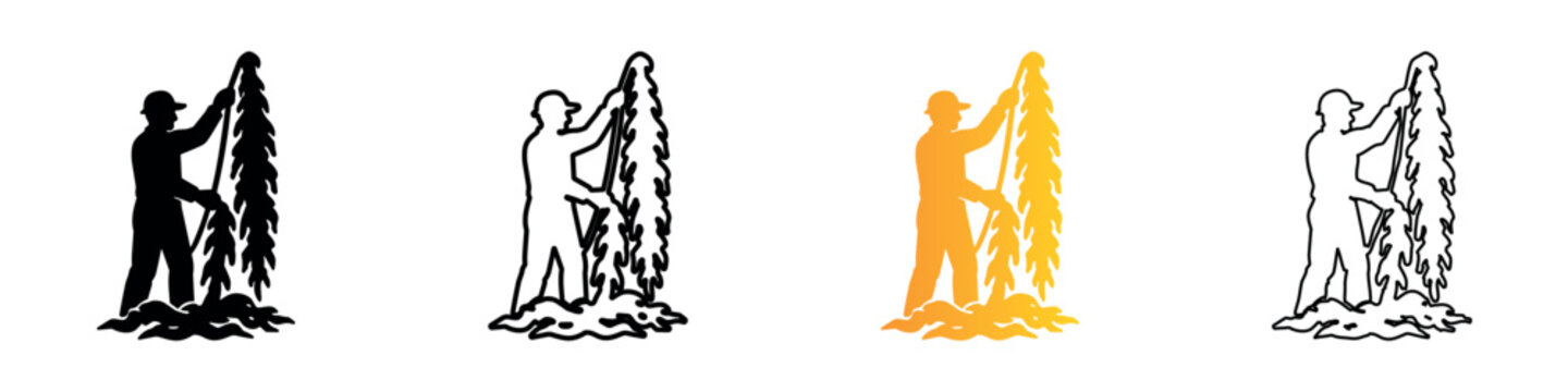 Farmer harvesting wheat or grain with a tool in a stylized illustration
