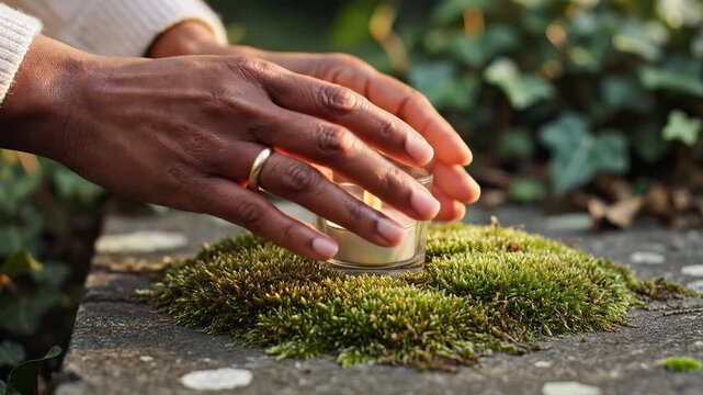 Close up of human hands gently touching and feeling the soft green moss texture