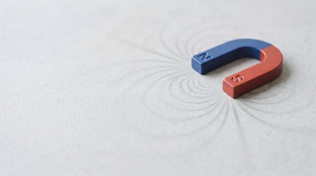Red and blue horseshoe magnet with iron filings showing magnetic field lines