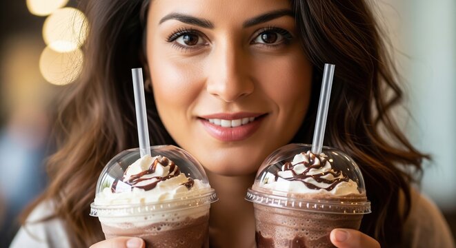 Young Woman Holding Two Delicious Chocolate Frappes With Whipped Cream And Straws In A Cafe