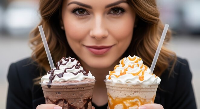 Smiling Woman Holding Two Different Types Of Frappes With Whipped Cream And Caramel Drizzle