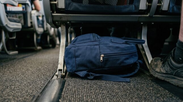 Blue backpack stored under airplane seat during flight