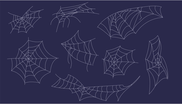 Spooky Halloween spiderweb elements collection set. Creepy white cobwebs of various shapes isolated on dark blue background. Festive autumn design vector illustration. 