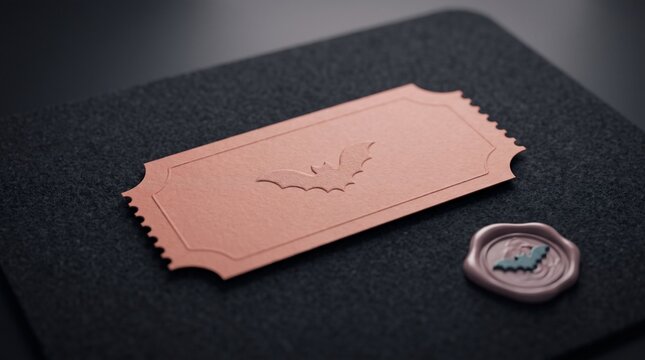 Elegant halloween party invitation ticket with a subtle embossed bat silhouette resting on a dark textured surface next to a matching wax seal stamp