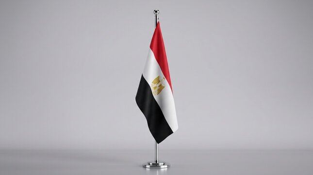 A small Egyptian national flag on a metallic stand, featuring red, white, and black stripes with the golden Eagle of Saladin emblem, against a plain grey background.