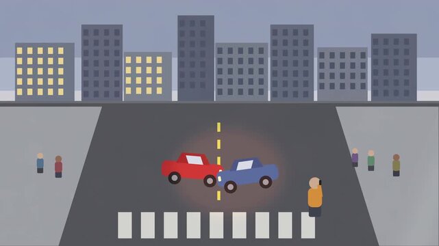 Car collision crash accident on city street road crossroad downtown buildings people on sidewalk person with phone footage
