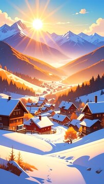 Majestic mountain landscape with snowy peaks and village.