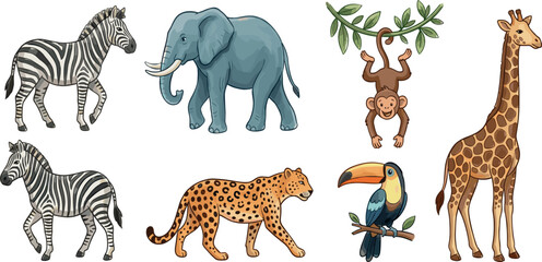 Hand Drawn Safari Wild Animal Vector Set Featuring Zebras Large Elephant Hanging Monkey Spotted Leopard Colorful Toucan and Tall Giraffe Illustration Elements © Shahnaj