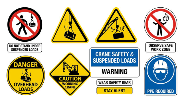 Set of Industrial Safety Signs for Crane Operations and Suspended Load Hazards