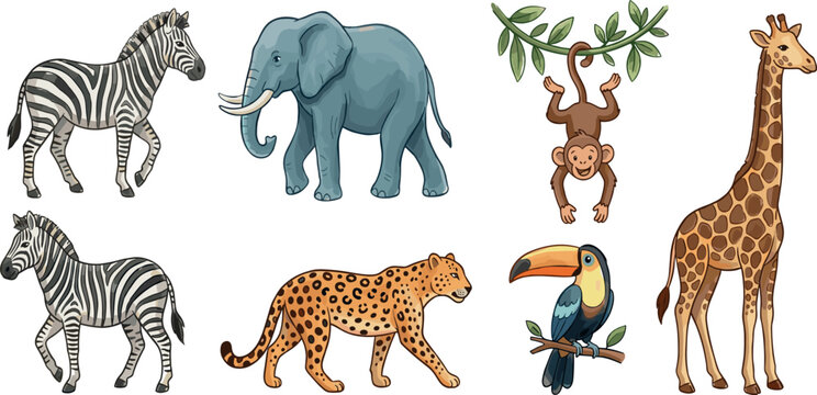 Hand Drawn Safari Wild Animal Vector Set Featuring Zebras Large Elephant Hanging Monkey Spotted Leopard Colorful Toucan and Tall Giraffe Illustration Elements