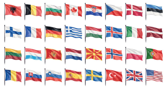 NATO member countries flags watercolor illustration collection