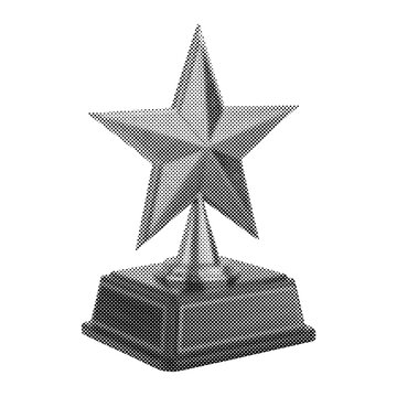 Grayscale 3D star trophy on a pedestal base. Elegant achievement award with halftone texture. Isolated monochrome success symbol on white.