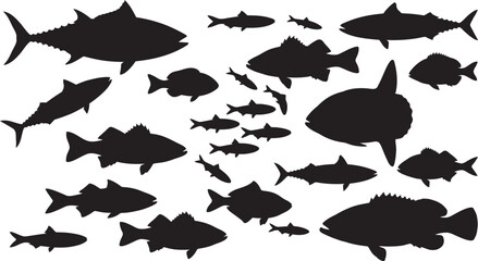 Marine Animal Silhouette Vector Set with Sea Fish Shark Dolphin Bird and Ocean Wildlife Collection Seamless Pattern Black Icons for Aquarium Nature Design Illustration © BipashaSketches 