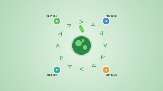 Circular economy loop animation with recycling and sustainability icons, green background, motion graphic