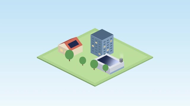 Isometric 3d cartoon buildings include family house office building factory, urban planning, city development