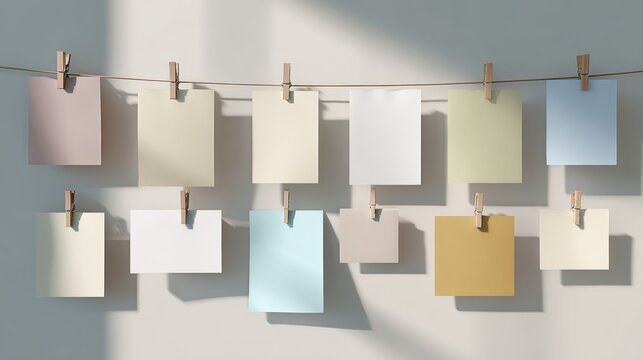 modern minimal wall with blank sticky notes, beige white and pale blue, clean composition, soft daylight, ultra detailed 8k 