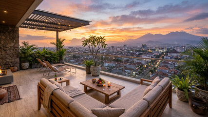 Fototapeta premium Luxury Rooftop Terrace with Panoramic City Skyline and Sunset Mountain View from Modern Residence
