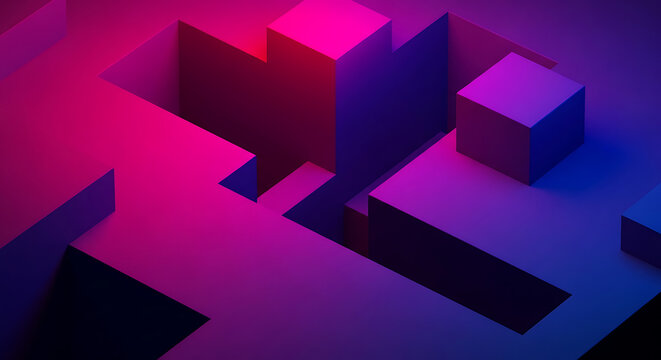 Abstract architectural concept with floating 3D blocks in neon purple and blue lighting abstract architecture geometric lighting floating structure perspective minimalist background gradient
