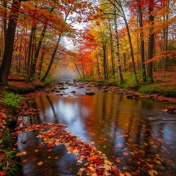 Autumn forest stream with colorful fallen leaves and sunlight.