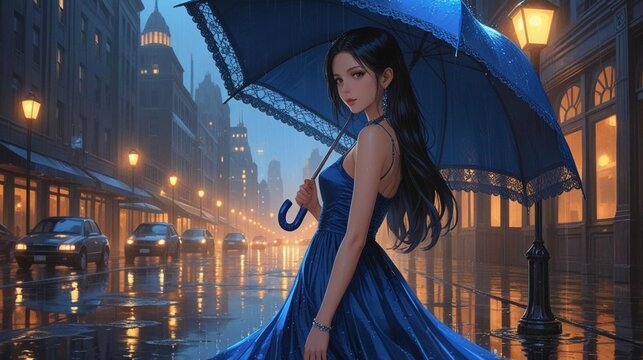夜の街灯と青い傘の女性