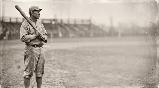 Early twentieth century baseball player holding bat on field