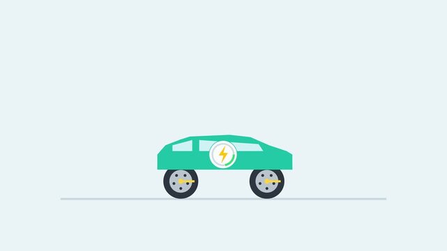 Pixelated electric car icon with charging symbol, motion graphic loop for eco transportation and future mobility concepts